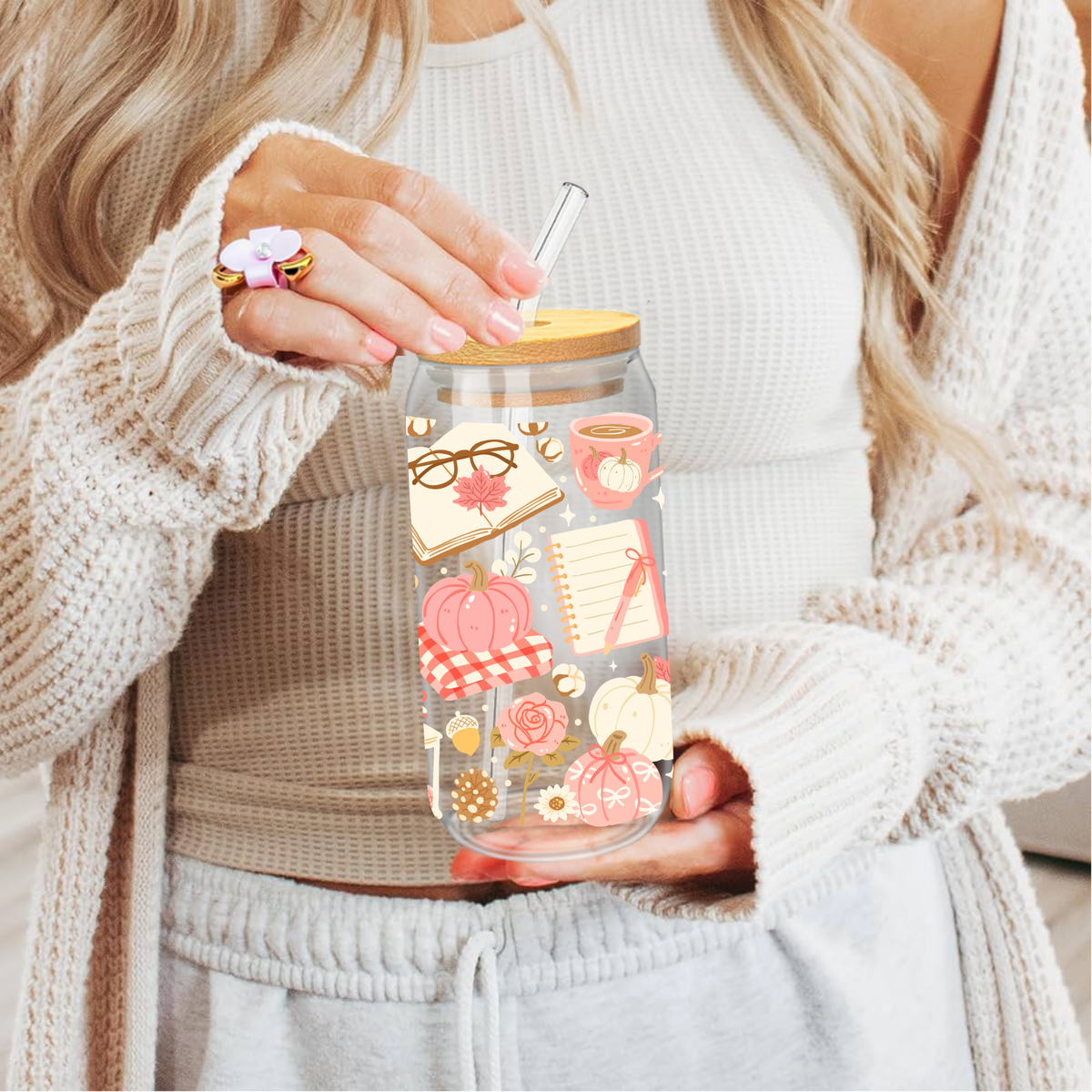 Gobelet Automne Cosy – Citrouilles Roses & Plaid