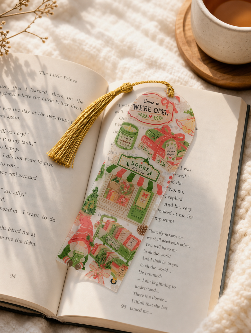 Marque-page Librairie de Noël – Gnome Lecteur
